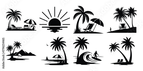 Collection of black silhouette tropical beach scenes with palm trees and sunsets