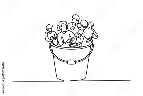Group of people packed tightly inside a bucket outline