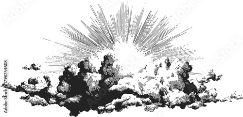 Explosion sketch hand drawn with dramatic smoke clouds and radiating burst lines — stock vector
