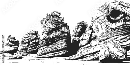 Rock formations sketch, hand drawn style, layered geological structures with dramatic erosion — stock vector