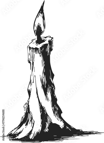 Burning candle, hand drawn sketch with melting wax and flame — stock vector