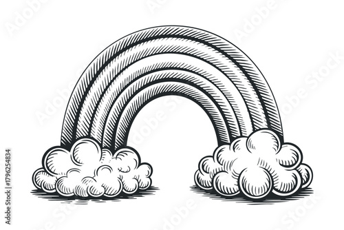 Arching rainbow with puffy clouds sketch