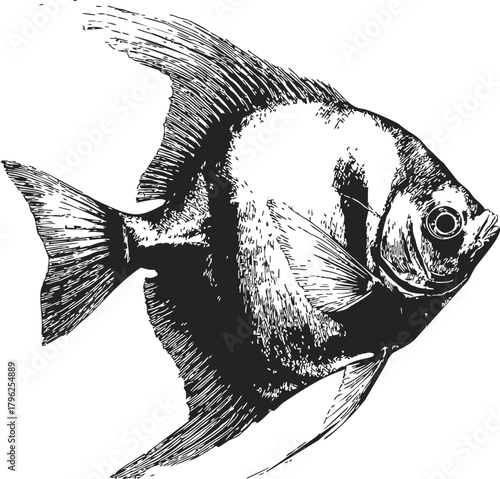 Angelfish sketch hand drawn black and white detailed illustration — stock vector