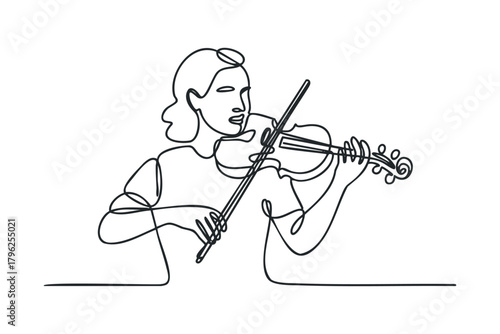Woman plays violin with bow in continuous line art