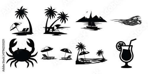 Collection of black silhouette tropical beach vacation elements including palm trees beach chairs a crab and a cocktail