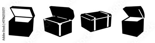 Collection of four black loot boxes with open and closed lids and straps
