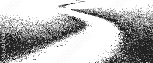 Curved path sketch, hand drawn black and white winding road landscape — stock vector