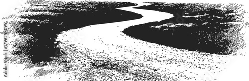 River winding through landscape, sketch hand drawn style, black and white scene — stock vector