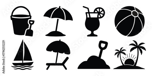 Collection of black silhouette icons representing summer beach vacation activities and objects