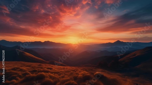 Golden sunrise paints a dramatic sky over layered mountains and a fiery landscape.