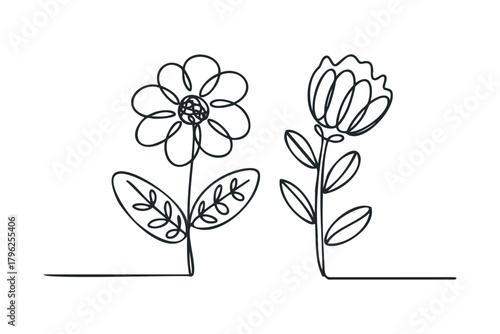 Two whimsical line drawing flowers on white background