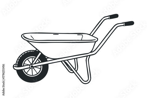 Simple line drawing of a garden wheelbarrow with one wheel and handles