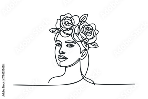 One Line Drawing Portrait of Woman with Rose Flower Crown