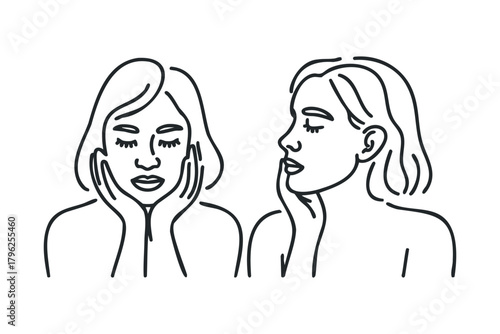 Two women portraits with closed eyes and hands on face