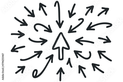 Multiple black hand drawn arrows pointing inward and outward