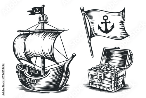 Old ship with sails and treasure chest filled with gold coins