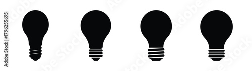 Four silhouetted lightbulbs showing different filament designs symbolizing ideas and innovation