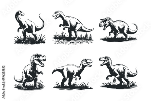 Six vintage-style dinosaur sketches on white