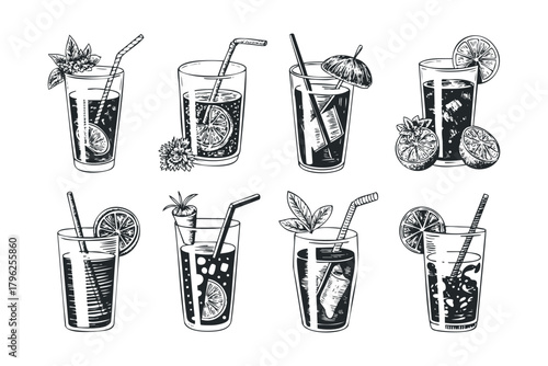Collection of Eight Hand Drawn Beverage Glasses