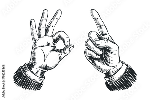 Hand gestures indicating agreement and pointing