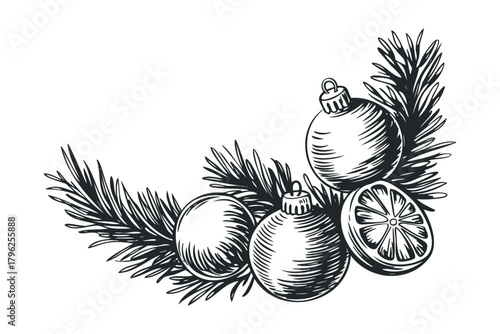 Christmas Ornaments and Fir Branches Decorative Flourish