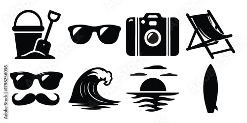 Collection of black and white silhouette icons representing summer vacation and beach activities