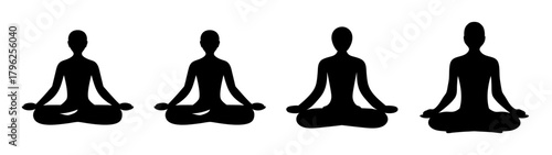 Four silhouettes of people meditating in lotus pose for serenity and wellness