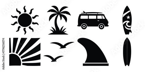 Collection of black silhouette icons representing summer beach vacation and surfing lifestyle elements