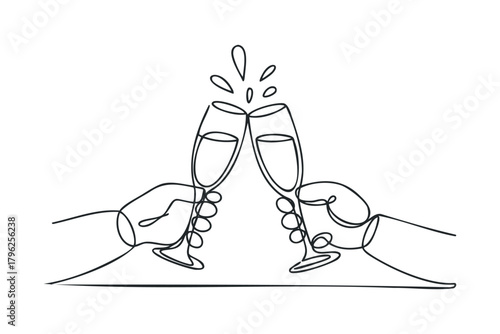 Two hands clinking champagne glasses with celebratory splash