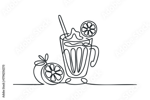 Continuous line drawing of a refreshing citrus drink with garnish