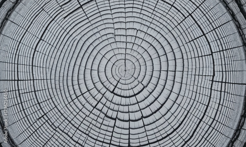 Rings on a tree stump signifying age growth representing time history pattern closeup