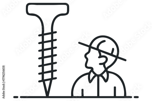 Person confronting large screw object with line through head