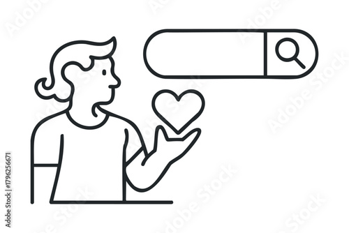 Person holding heart icon near search bar