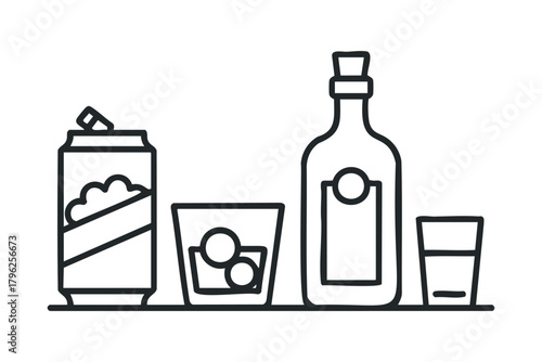 Line art graphic of alcoholic beverage bottle and drinks
