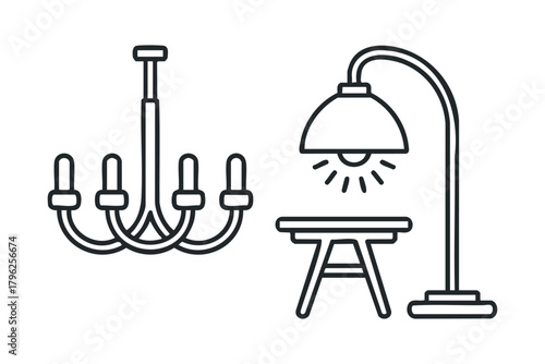 Linear icons of a chandelier and a floor lamp with table