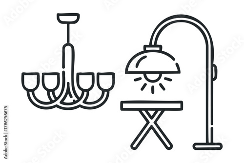 Hand drawn pendant lamp and floor lamp objects