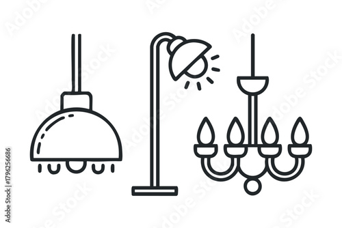 Set of stylized line art lamp icons