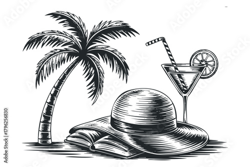 Palm tree next to open book and drink