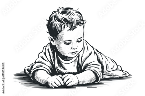 Line drawing of a baby on its stomach looking down