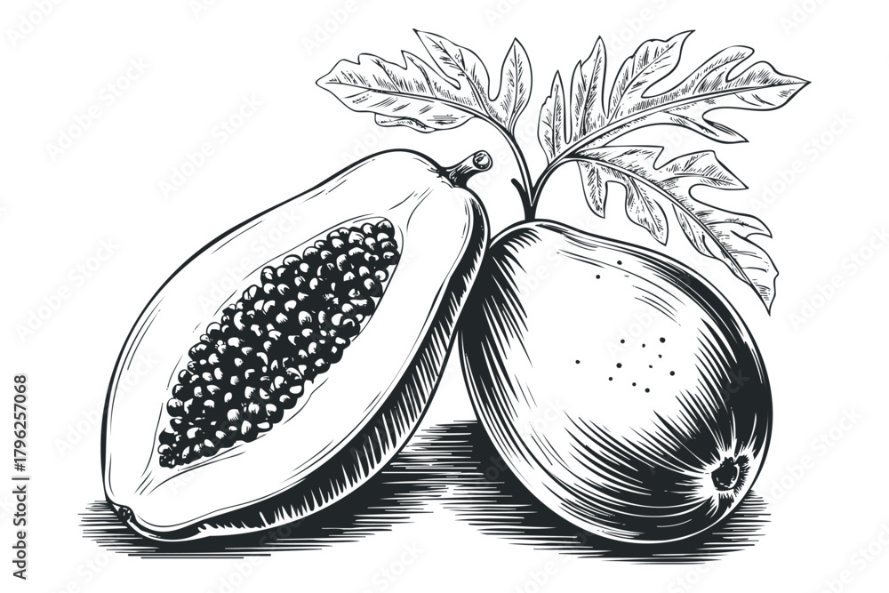 Fototapeta premium Line art drawing of fresh papaya fruit and sliced half