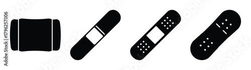 Set of four black bandages for injury treatment and first aid supplies