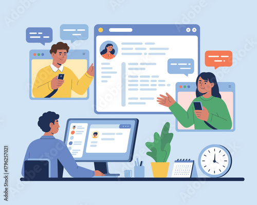 People connecting online via video and teleconference for remote work and learning flat vector