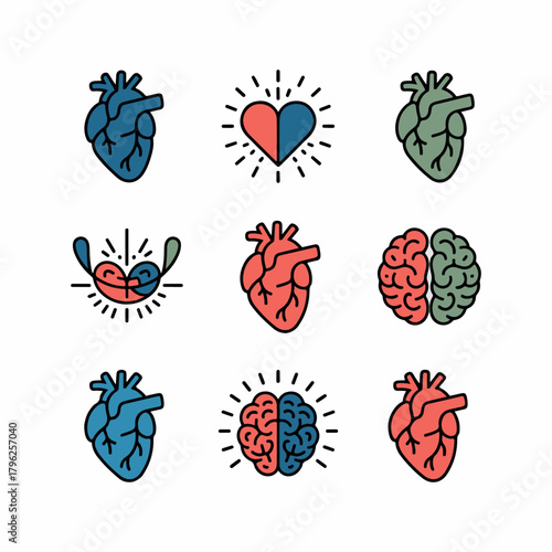 Collection of stylized human hearts and brains in various colors anatomy organ