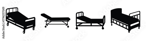 Collection of four vintage hospital beds and medical cots for healthcare settings