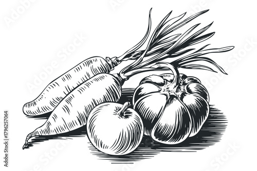 Black and white illustration of fresh vegetables and fruit