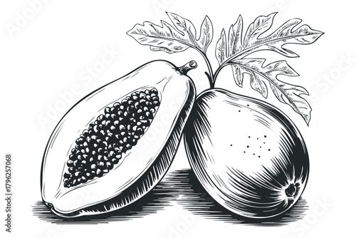 Line art drawing of fresh papaya fruit and sliced half