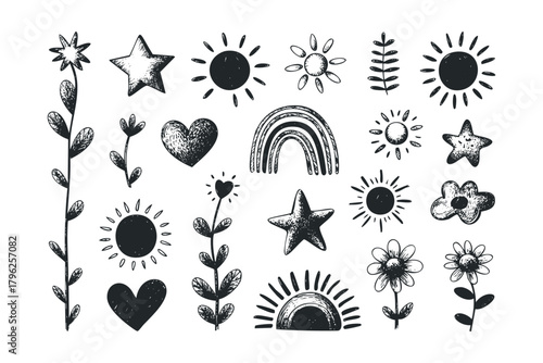 Hand drawn doodle elements collection of suns stars hearts and flowers