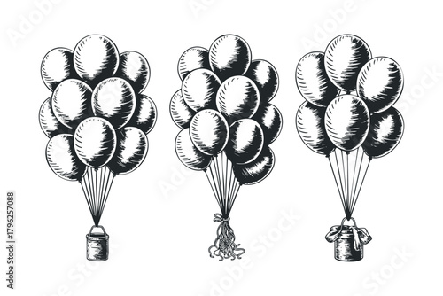 Three bunches of sketch balloons holding small buckets