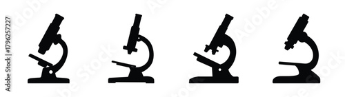 Set of four silhouetted microscopes showing different angles for scientific study