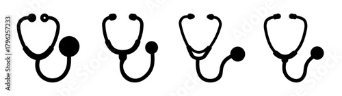Four simple medical stethoscope icons for healthcare and diagnostics
